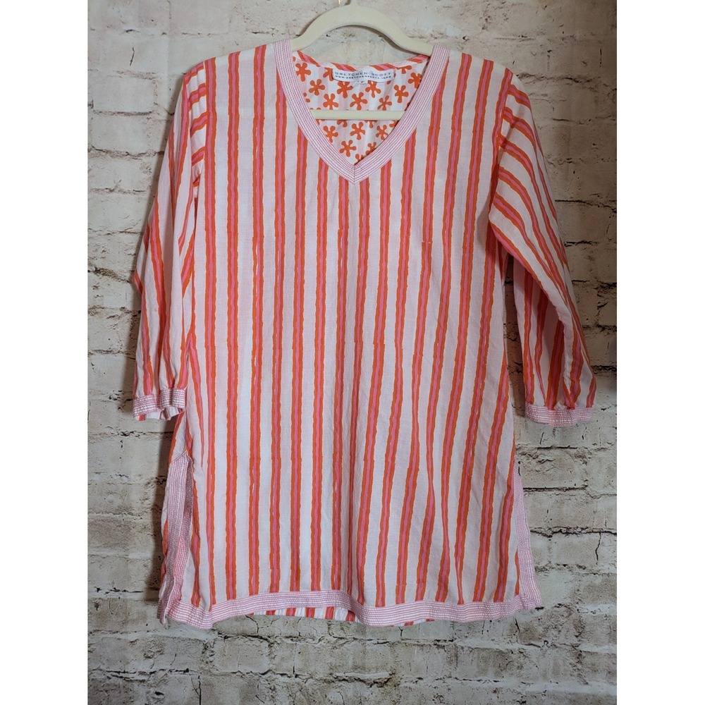 Gretchen Scott Tunic Top Womens XS Pink Orange Striped Cotton Beachy V-Neck